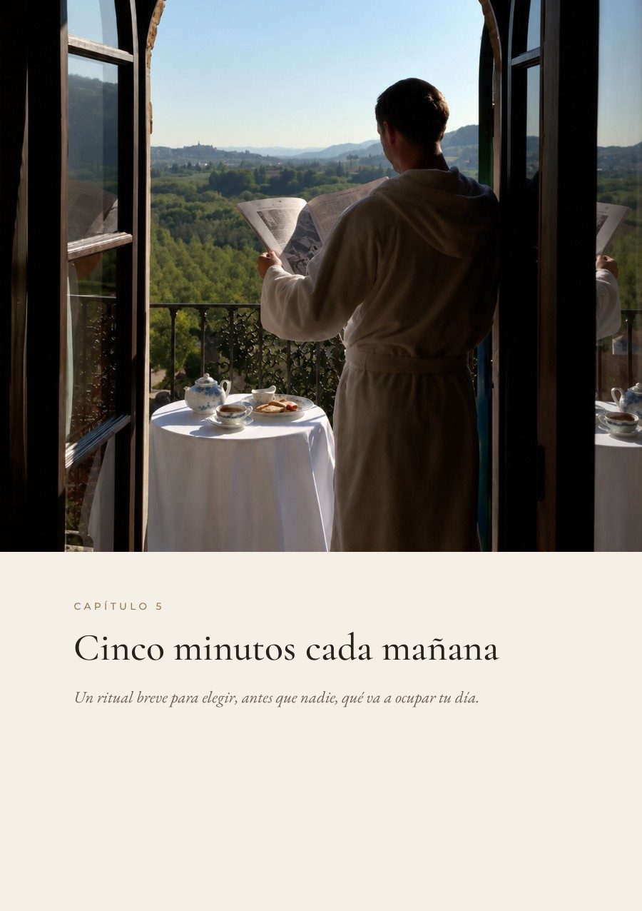 Página del capítulo 5, «Cinco minutos cada mañana»: un hombre lee el diario frente a un balcón abierto a las colinas.